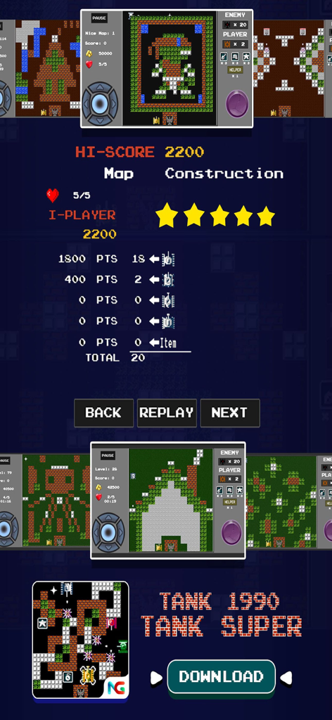 High score screen of Tank 1990 Battle City game showing 8-bit pixel art graphics and level summary.