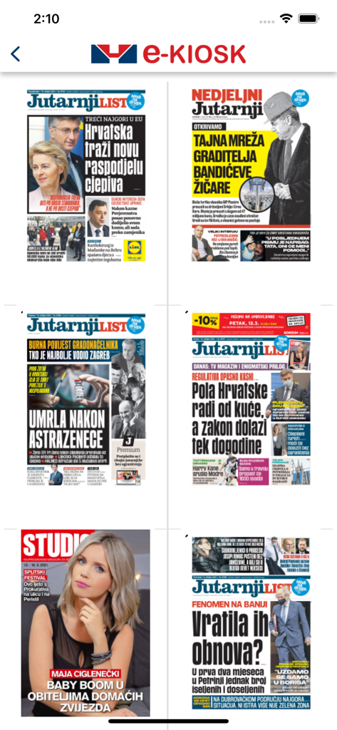 Hanzamedia e-kiosk - Interface da aplicação Hanzamedia e-kiosk a exibir várias capas de jornais digitais croatas