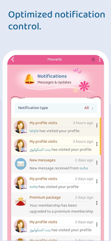 Centro de notificações do aplicativo Mawada mostrando visitas ao perfil e alertas de novas mensagens