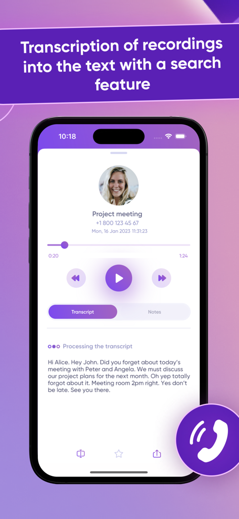 REKK app interface showing a call recording transcription into text for a professional meeting.