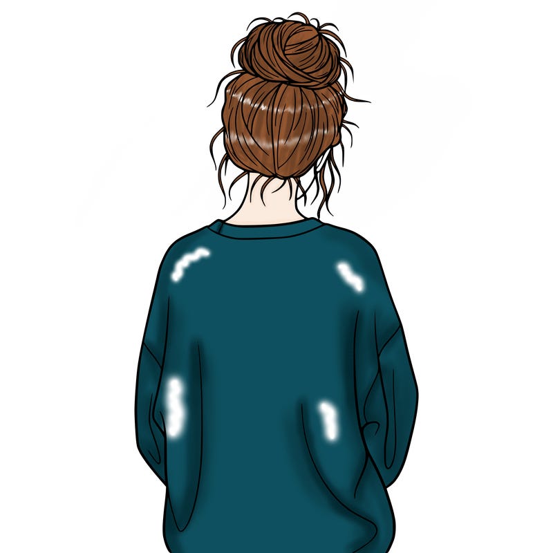 make a girl with one large messy bun and an oversized sweatshirt on