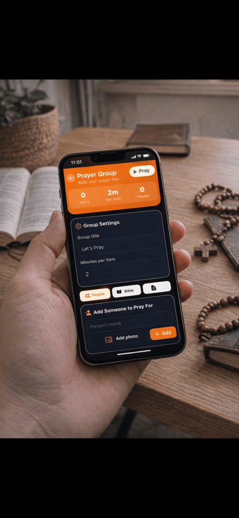 Smartphone, das den Gebetsgruppenablauf und die Einstellungen in der Just The Word App anzeigt