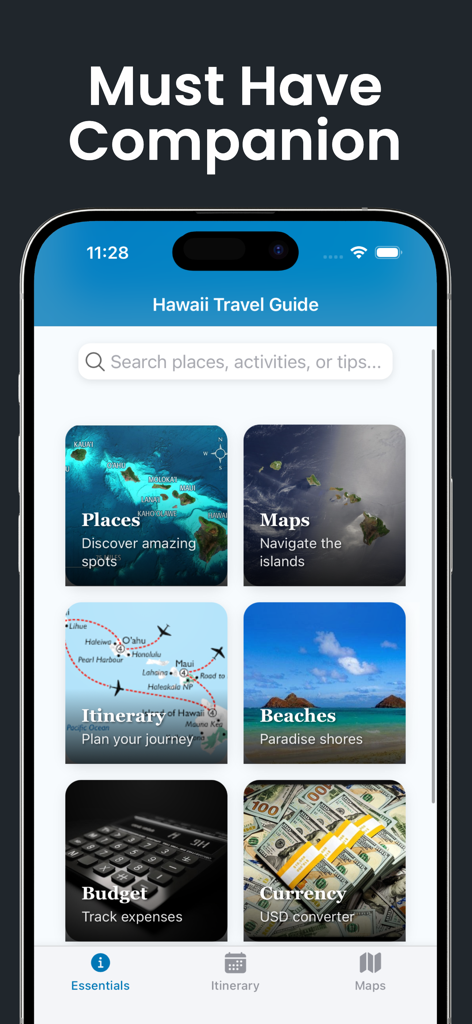旅程プランナー、地図、ビーチガイド、予算管理を含むメイン機能を表示するハワイ旅行アプリのインターフェイス。
