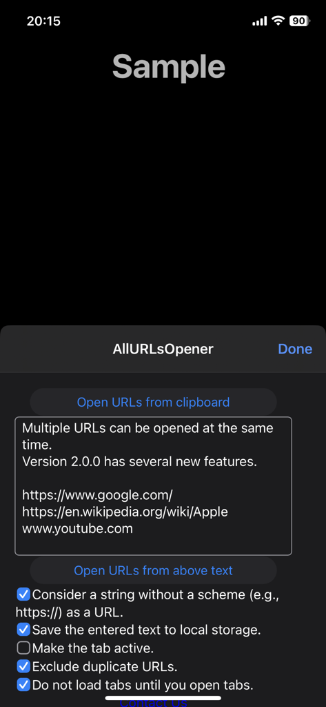 All URLs Opener for Safari - All URLs Opener Safari extension interface showing link opening options and settings