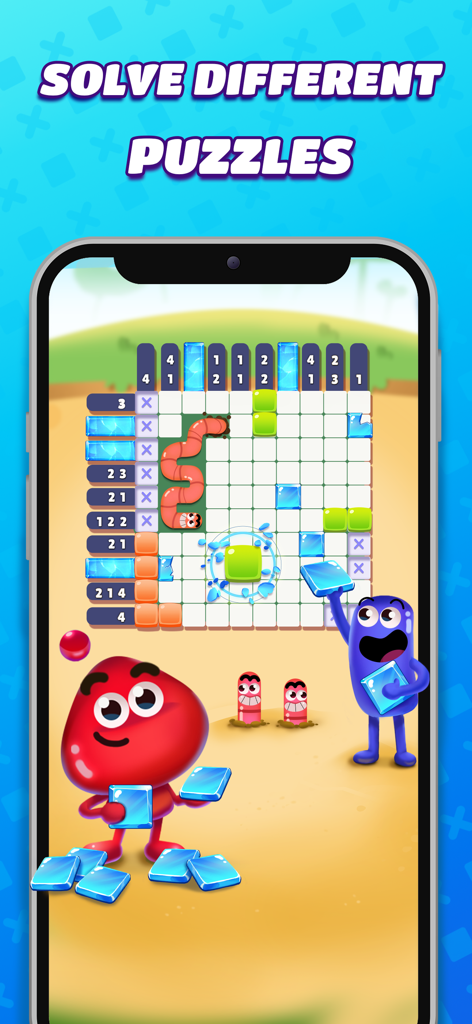 Nonogram Crossing Logic Puzzle - Ein bunter Handy-Gameplay-Bildschirm mit niedlichen Charakteren und einem sich entwickelnden Logikgitterrätsel.