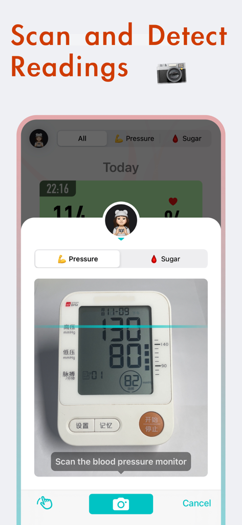 KeepBP - blood pressure app - Smartphone camera scanning a digital blood pressure monitor to automatically record health readings.