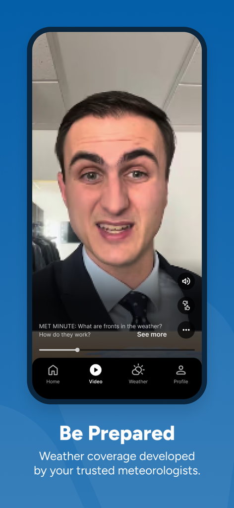 A meteorologist explaining weather fronts in a video clip within the Tyler News from CBS19 mobile app interface under the heading Be Prepared.