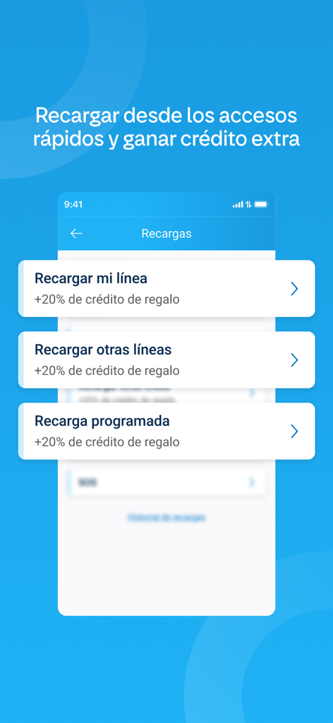 Mi Personal - L'interface de l'application Mi Personal affiche les options de recharge mobile avec un bonus de crédit cadeau de 20 %.