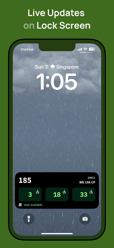 Pantalla de bloqueo del iPhone que muestra un widget de Actividad en Vivo para los tiempos de llegada de autobuses de Singapur con tres cuentas regresivas próximas.