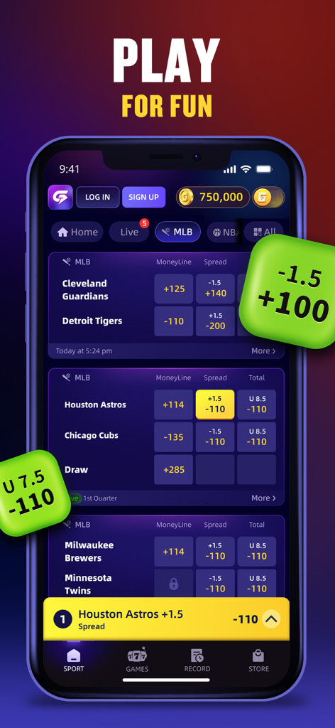 Gwin: Sportsbook For Cash &Fun - Mobile interface of the Gwin app showing MLB sports betting lines and odds.