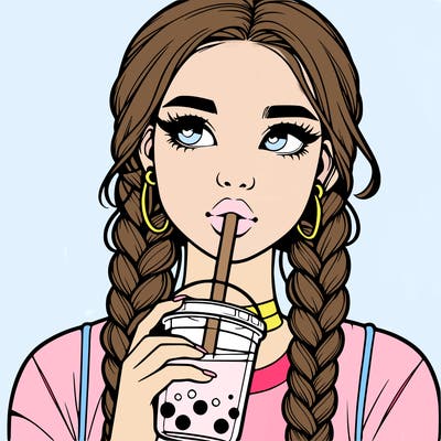 realistic girl with braided hair drinking boba