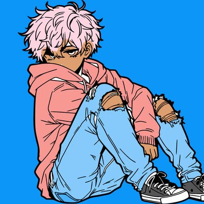 a male hoddie ripped jeans messy hair anime