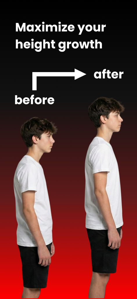 Before and after comparison of a young man showing height improvement through posture correction