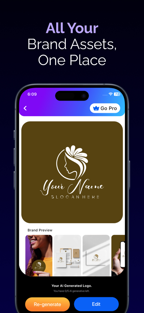 AI Logo Maker: Graphic Designs - AI Logo Maker app screen showing a generated beauty brand logo with real-world mockups on business cards and stationery.