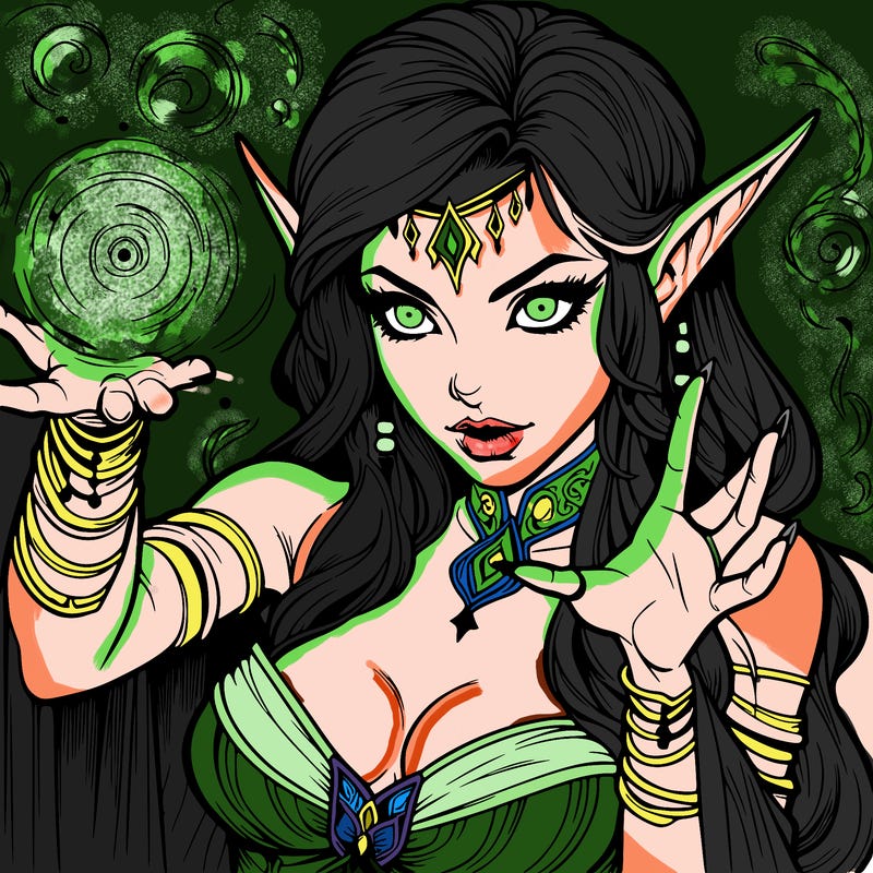 realistic scary beautiful elf sorceress casting spell