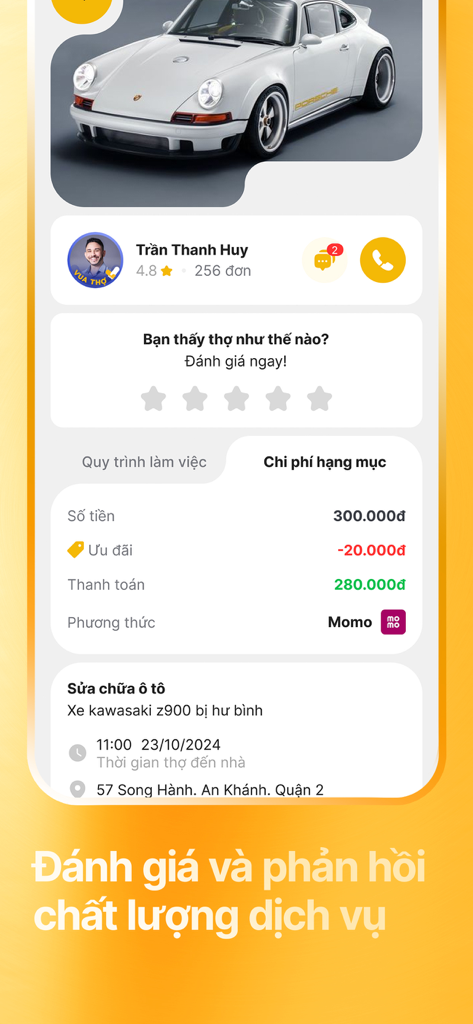 Interface of the Vua Tho app showing a professional profile, a star rating section, and a detailed payment receipt for a repair service.
