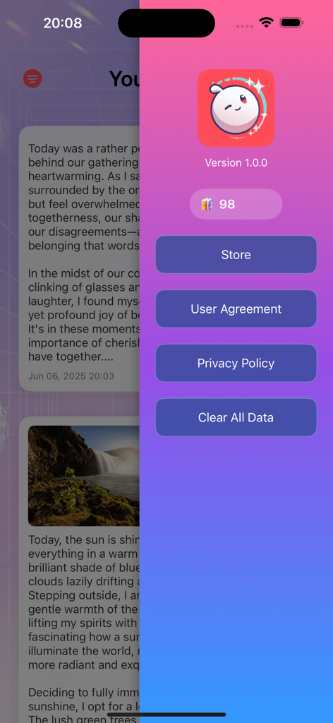 Vevee - The settings side menu of the Vevee AI journaling app featuring a gradient background and app options.