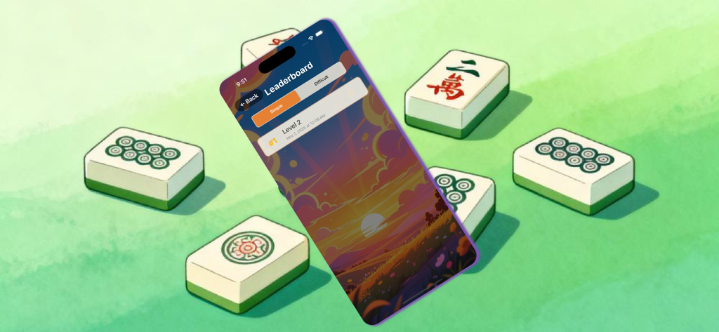 Mahjong Ten Flip - Leaderboard screen of the Mahjong Ten Flip mobile app showing simple and difficult level rankings on a smartphone surrounded by mahjong tiles