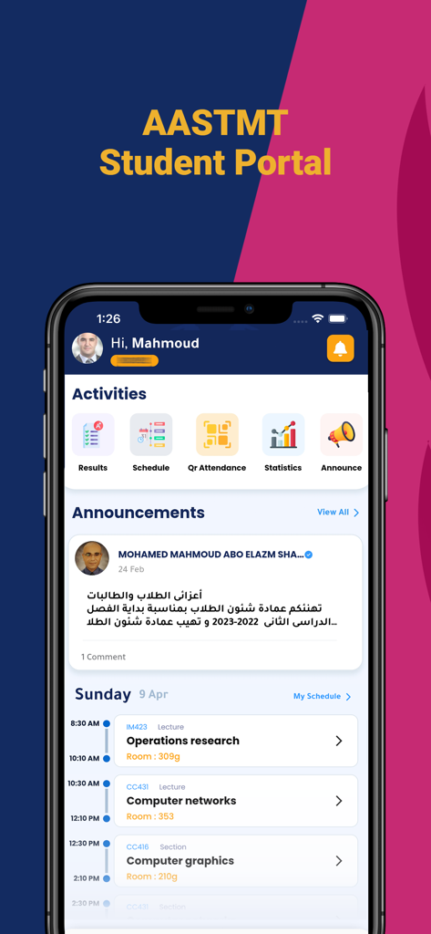 AASTMT Student Portal - AASTMT Student Portal mobile app dashboard displaying student schedule and academic activities