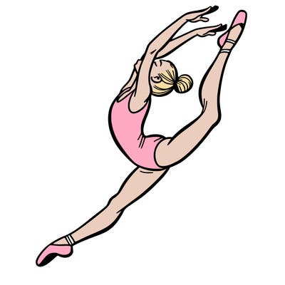 gymnast doing a leap in a leotard with a bent back leg