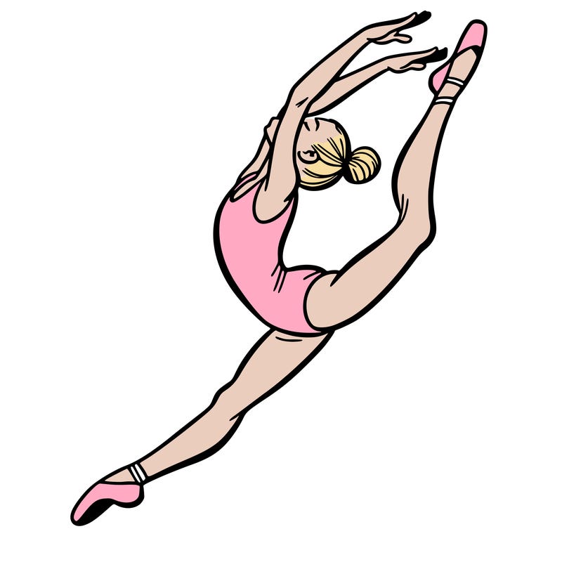 gymnast doing a leap in a leotard with a bent back leg