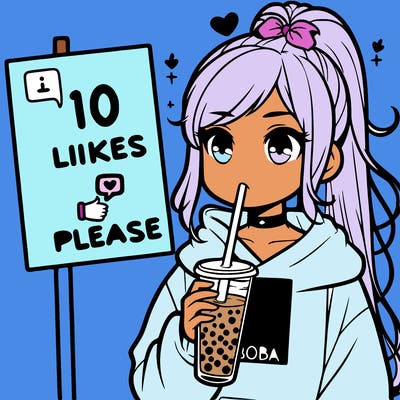 girl with a high ponytail and a hoodie drinking boba staring at a sign saying 10 likes please