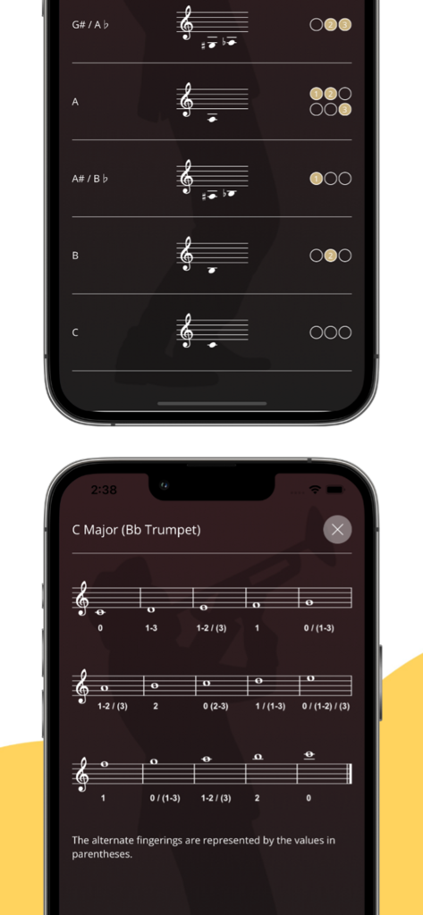 Trumpet fingering chart displaying notes on a staff and C Major scale with alternate fingerings