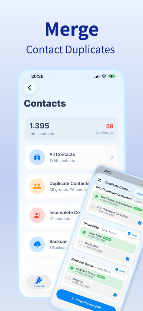 Cleaner AI: Clean Up Storage - Interfaz de la aplicación Cleaner AI que muestra cómo identificar y fusionar contactos duplicados para organizar el almacenamiento del iPhone