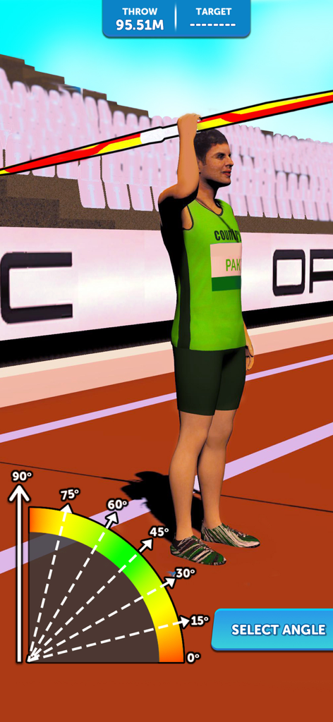 Javelin Throw: Athletics Champ - A 3D mobile game interface showing an athlete holding a javelin with a colorful angle selection meter to choose the throwing trajectory on a track.