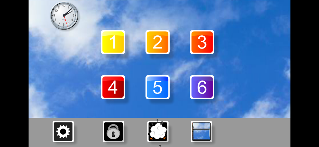 Level selection screen with six numbered buttons for learning to tell time
