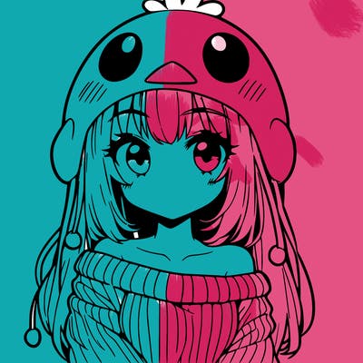 anime girl with chick shaped hat with sweater with bare shoulders with bangs covering them one eye with low tail