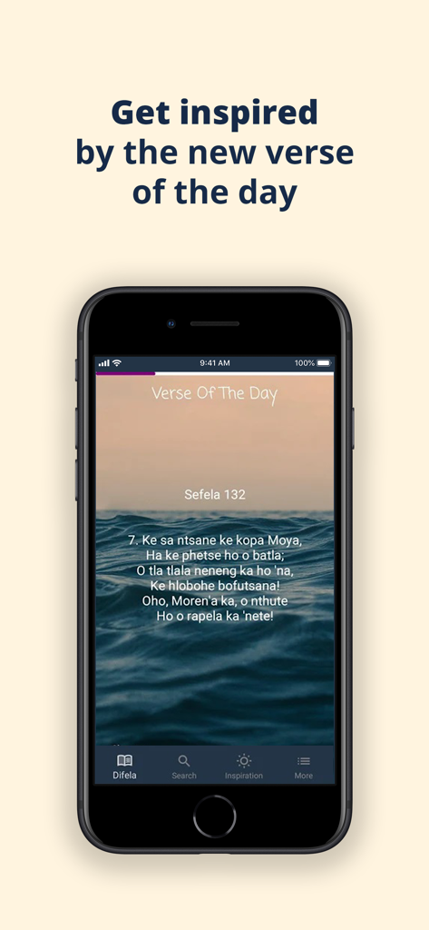 Smartphone displaying the Verse of the Day feature in the Difela Tsa Sione Sotho hymn app
