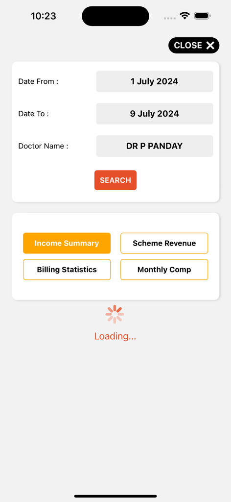 MedisConnect - MedisConnect app interface showing search filters for income summary and billing statistics by doctor and date range.
