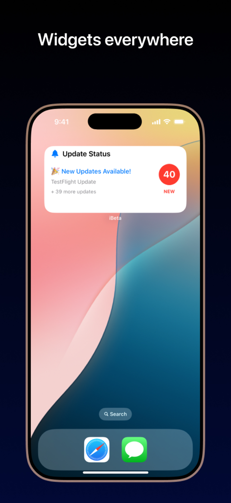 iPhone-Homescreen, der das iBeta-Update-Status-Widget mit einer Benachrichtigung für neue Beta-Updates anzeigt