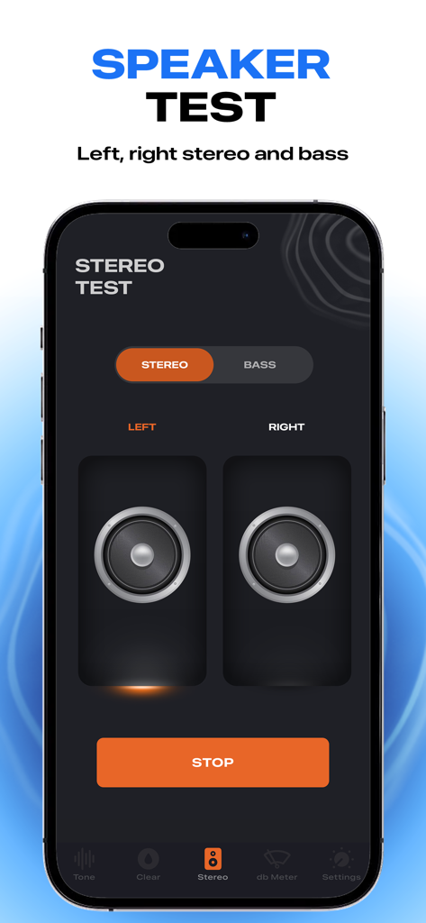 Sonic Pitch Sound Generator - Eine mobile Oberfläche der Sonic Pitch App, die einen Stereo-Lautsprechertest für linke und rechte Audiokanäle zeigt.