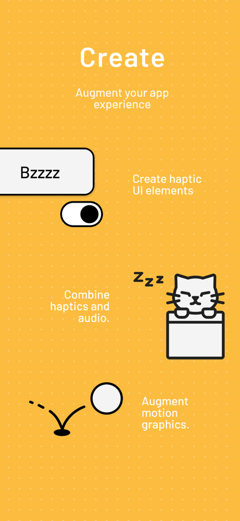 Hapticlabs: Haptic design - A feature screen from the Hapticlabs app showing options to create haptic UI elements and augment motion graphics with haptic feedback.