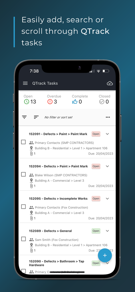 Simpel - Simpel app interface showing a list of construction tasks and defects with status indicators.