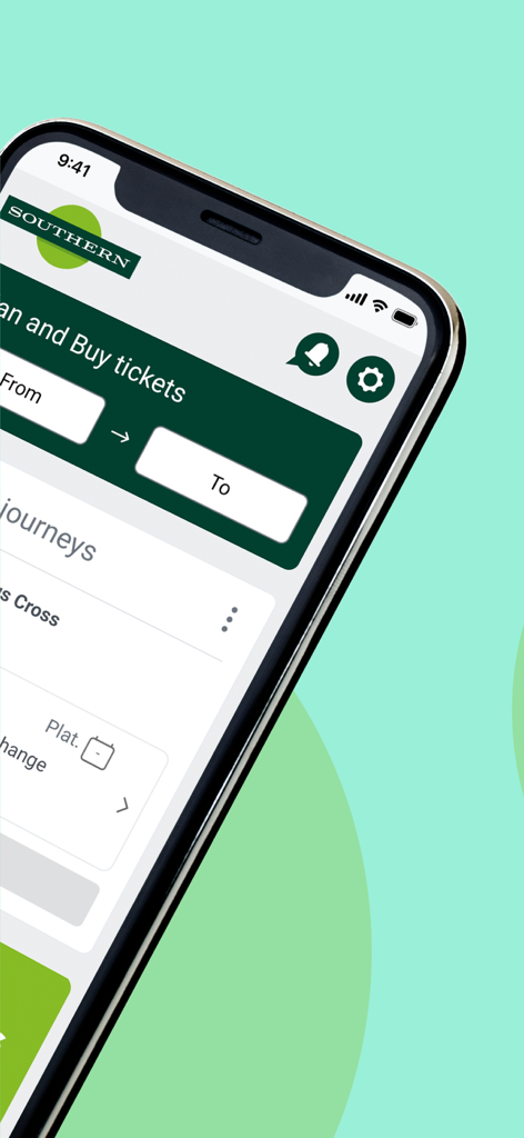 Southern Railway mobile app screen for planning journeys and booking train tickets.
