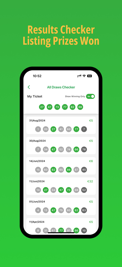 SuperEnalotto app results checker screen showing a list of past draws with winning numbers and prizes won.