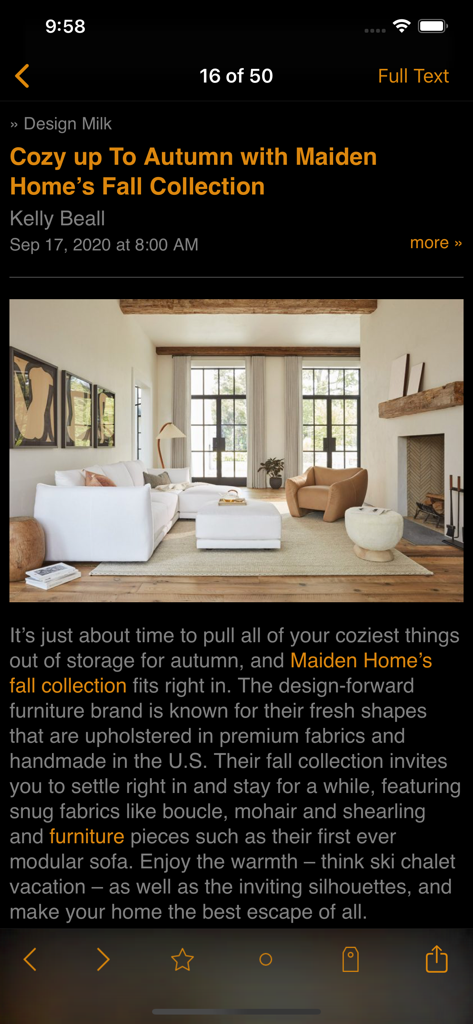 Feeddler RSS news reader article view in night mode showing a design blog post