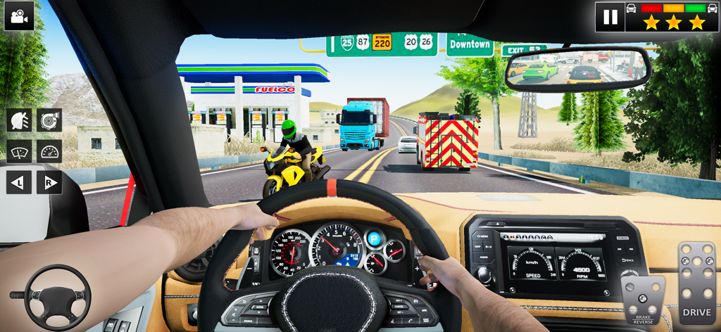 Vista en primera persona desde la cabina de un conductor navegando por el tráfico en el juego móvil de Autoescuela Real