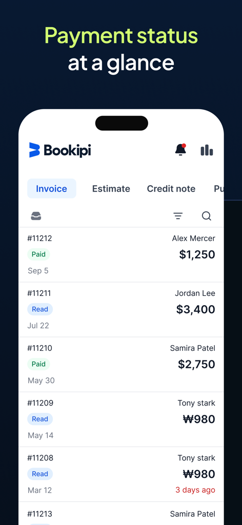 Invoice Maker & Estimate App - Bookipi app interface showing a list of invoices with payment statuses like Paid and Read for various clients.