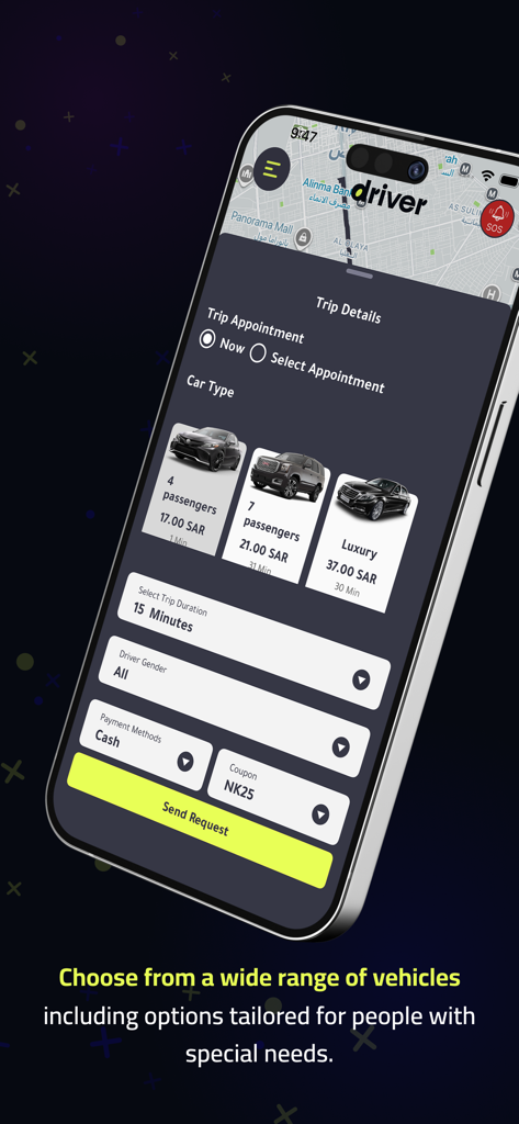 DRV-Driver - A mobile phone screen showing trip details car type selection and payment options in the DRV-Driver app