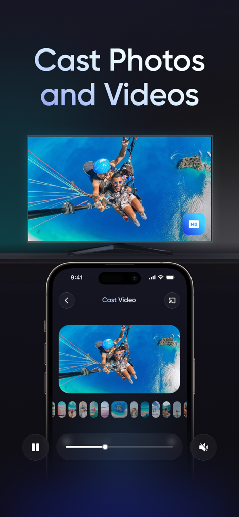 An iPhone user interface casting a parasailing video to a large smart TV screen using the Screen Mirroring app