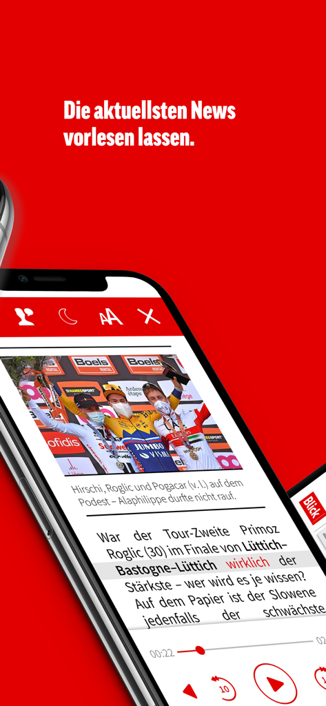 Interface do aplicativo Blick E-Paper mostrando o recurso de leitura de notícias em voz alta com um artigo esportivo e controles de áudio