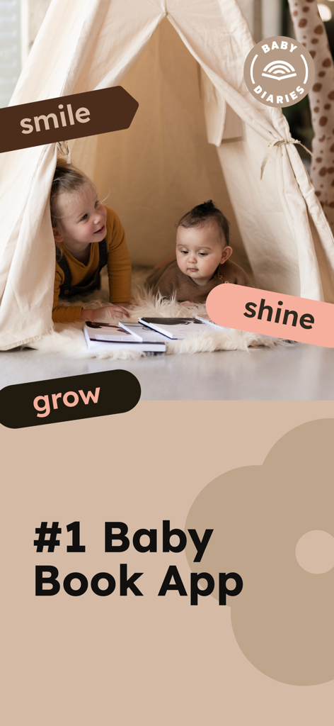 Baby Diaries - Book Journal - Two young children playing in a teepee with printed baby journals and the text #1 Baby Book App