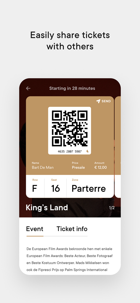 Un biglietto digitale per eventi con un codice QR e un'opzione di condivisione visualizzati nell'app Ticketmatic.