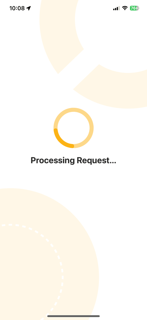 Baxi Mobile - The Processing Request loading screen in the Baxi Mobile app featuring a yellow circular progress indicator.