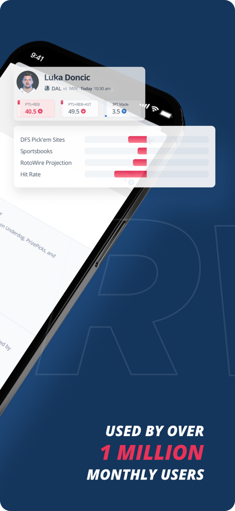 RotoWire Picks app interface showing player prop analytics for Luka Doncic with data-driven projections and hit rates