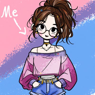 girl with a messy ponytail glasses a baggy crop top and jean shorts